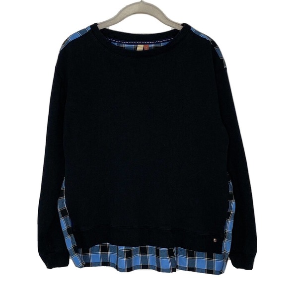 Anthropologie Pilcro Contrast Flannel Pullover Sweatshirt Black Blue Plaid Sz S - Picture 1 of 5
